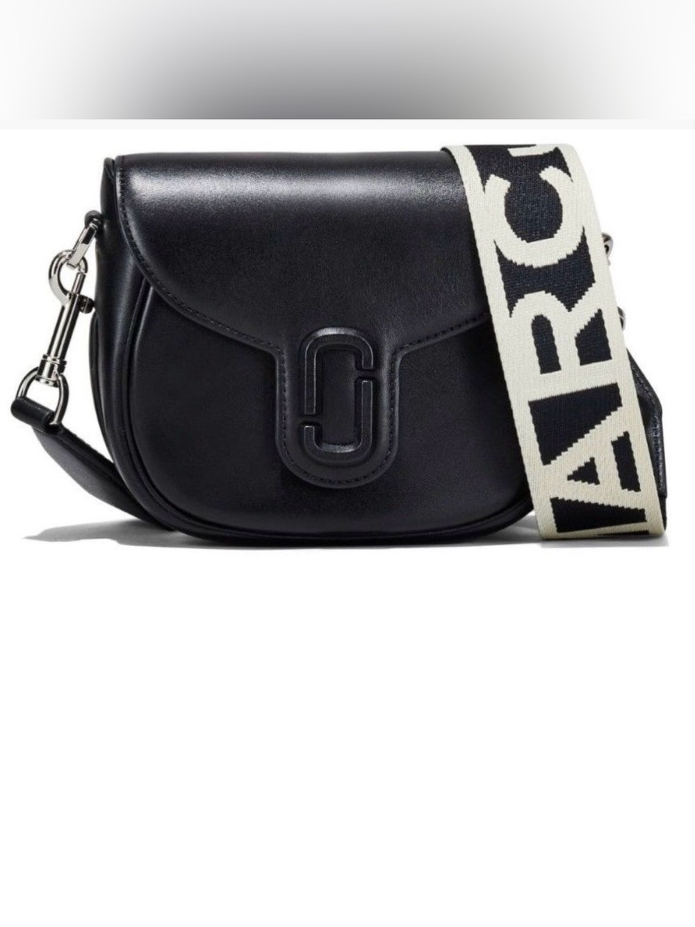 Marc Jacobs small Black Leather Saddle Crossbody with Cream Logo Strap